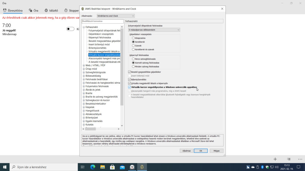 3. ábra: A virtuális PC kurzor automatikus bekapcsolásához be kell jelölnünk a Virtuális kurzor engedélyezése a Windows univerzális appokhoz jelölőnégyzetet.