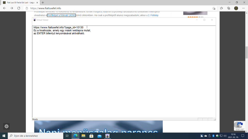 5. ábra: Egy honlap linkjén az Insert+F1 leütésére felugró Virtual Viewer ablakban most már megjelenik a teljes link, így ellenőrizni tudjuk a cím valódiságát.