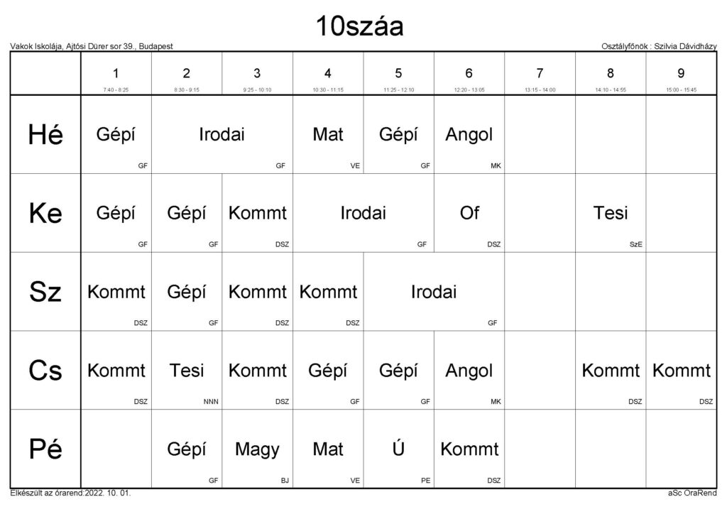 Szakiskola órarend 2022-23 (okt1, v17, ff), 10száa osztály, JPG formátum.