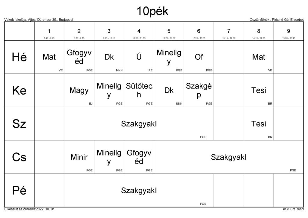 Szakiskola órarend 2022-23 (okt1, v17, ff), 10pék osztály, JPG formátum.