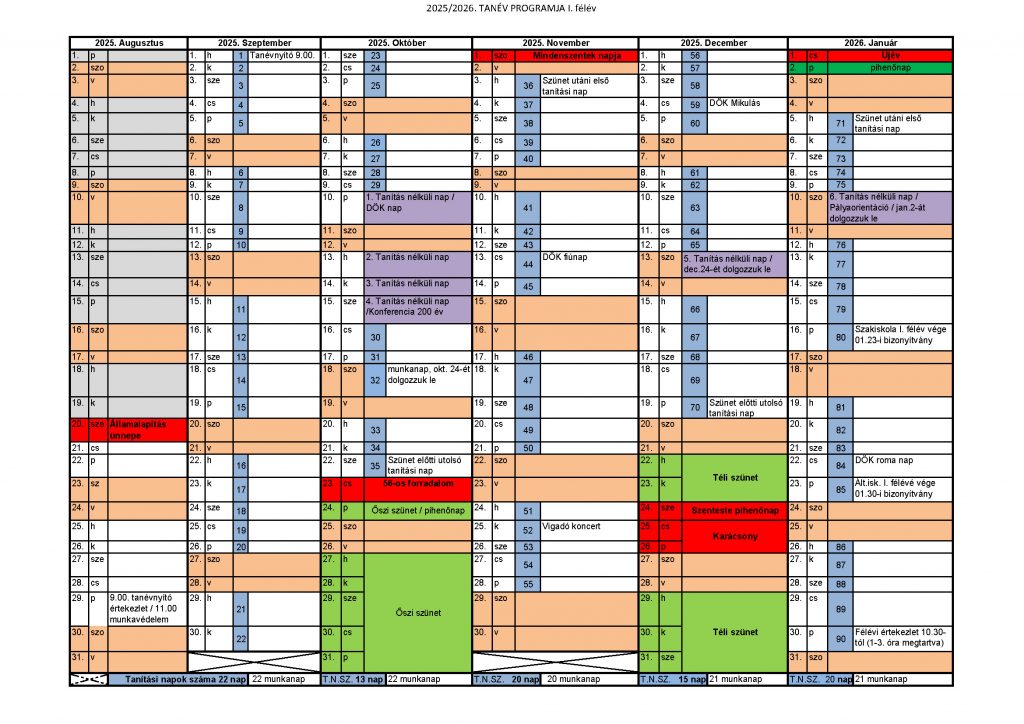 A 2025/26-os tanév rendje, I. félév.