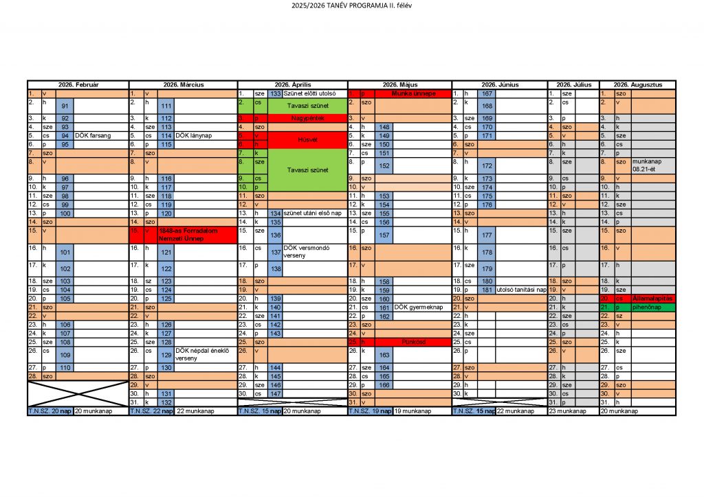 A 2025/26-os tanév rendje, II. félév.