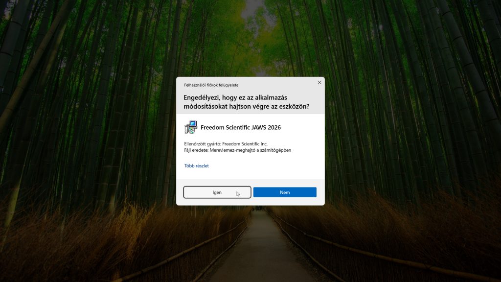 8. ábra: Fiókunk jogosultságától függően a képernyőn megjelenő Felhasználói fiókok felügyelete ablakban adjunk meg egy rendszergazdai jelszót vagy hagyjuk jóvá a telepítést az Igen gombot választva!