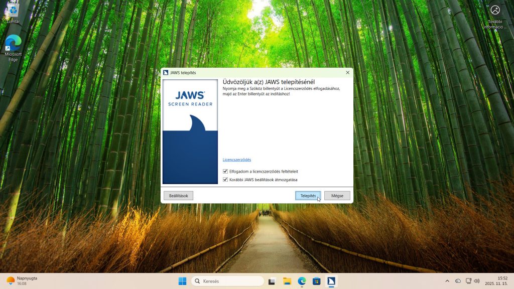 9. ábra: A JAWS telepítés ablakban jelöljük be mindkét jelölőnégyzetet, majd a Telepítés gombot választva indítsuk el a telepítést!