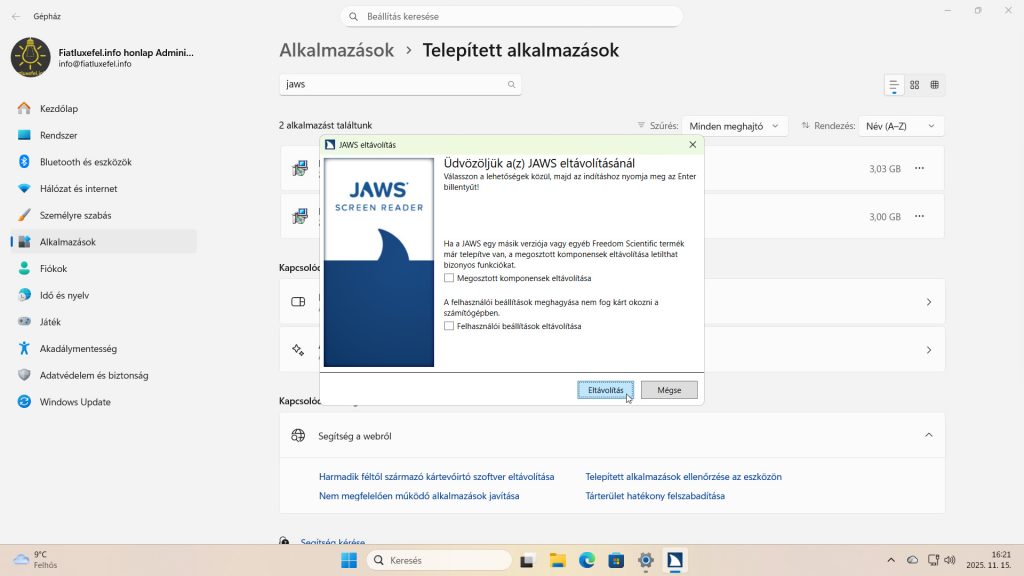 14. ábra: A képernyőn megjelenő JAWS eltávolítás ablakban hagyjuk kikapcsolva a Megosztott komponensek eltávolítása és a Felhasználói beállítások eltávolítása jelölőnégyzeteket az Eltávolítás gomb kiválasztása előtt!